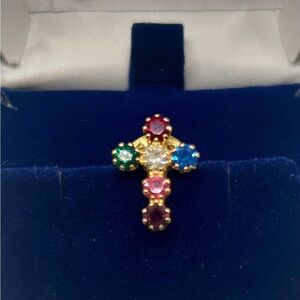 Vintage Multicolor Gemstone Cross Pin Brooch
